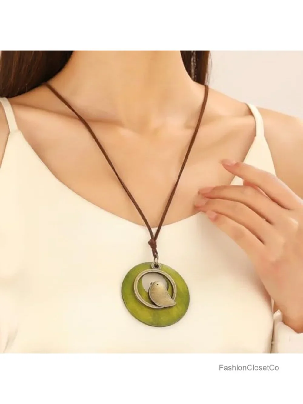 Boho Handmade Wood Pendant Necklace Women Vintage Alloy Leather Adjustable